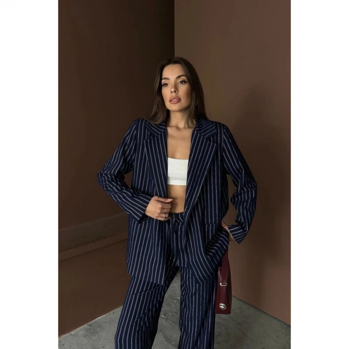 Lacivert Çizgili Ceket Ve Pantolon Takım