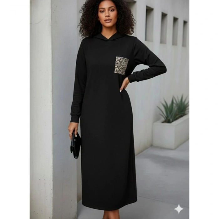 Kadın Uzun Kollu Kapşonlu Cep Detaylı Viskon Iki Iplik Maxi Elbise