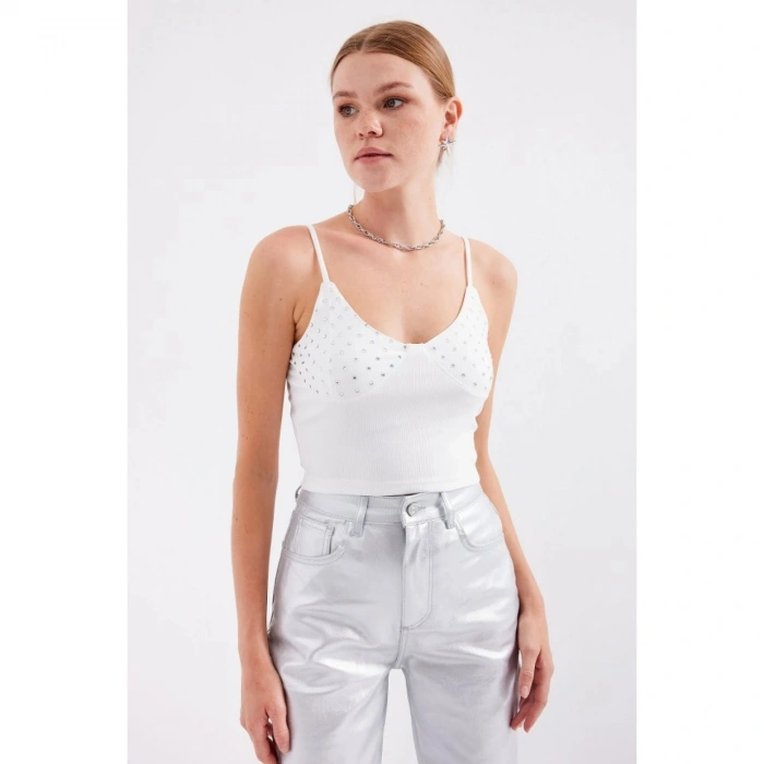 918 İp Askılı Crop Top - Beyaz