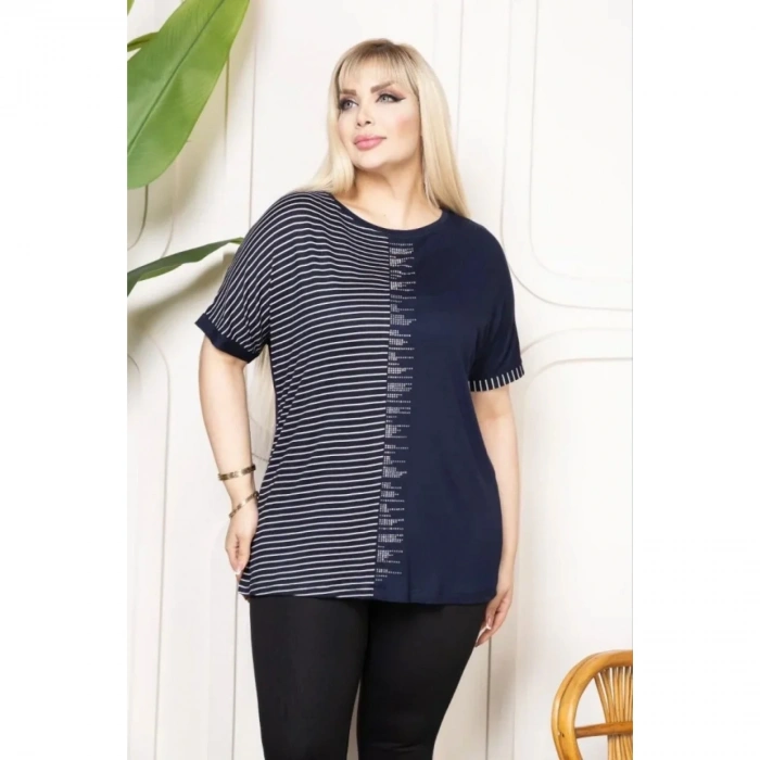 Büyük Beden Taş Detaylı Çizgili Viskon Tişört Bisiklet Yaka Rahat Kesim - Lacivert