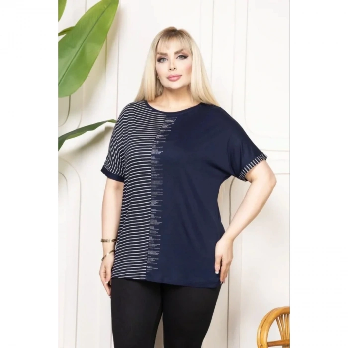 Büyük Beden Taş Detaylı Çizgili Viskon Tişört Bisiklet Yaka Rahat Kesim - Lacivert