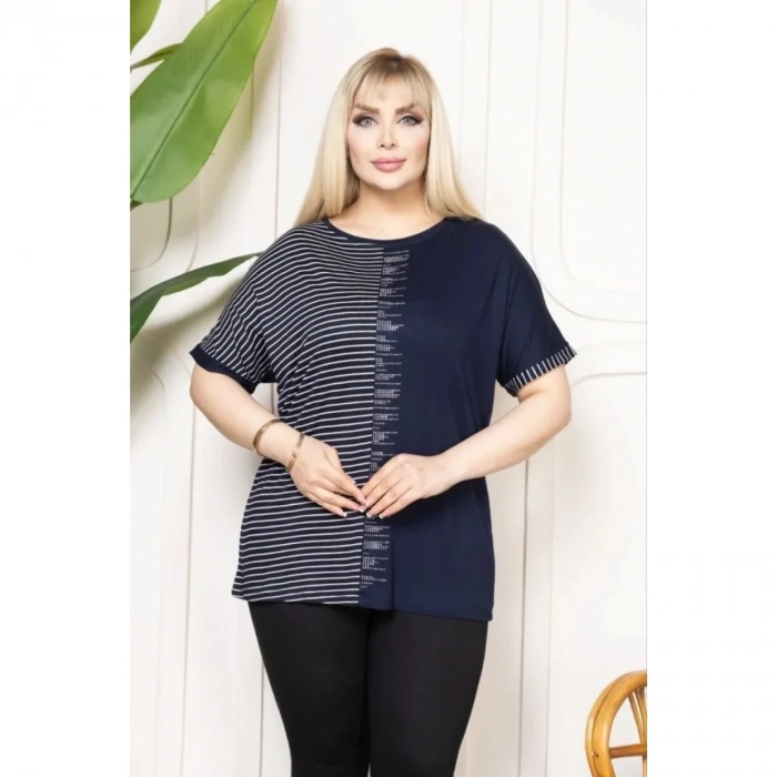 Büyük Beden Taş Detaylı Çizgili Viskon Tişört Bisiklet Yaka Rahat Kesim - Lacivert