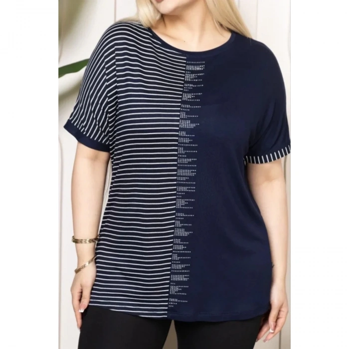 Büyük Beden Taş Detaylı Çizgili Viskon Tişört Bisiklet Yaka Rahat Kesim - Lacivert