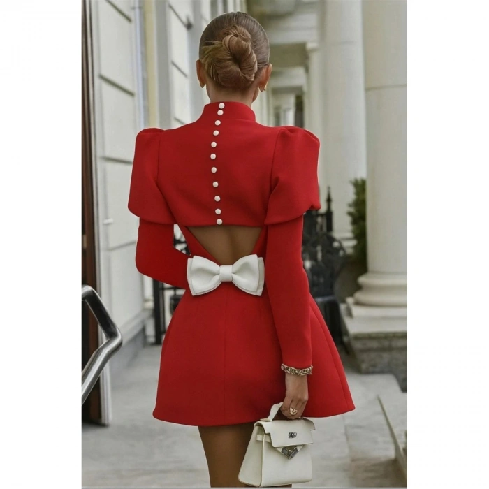 Kadın Uzun Kollu Yarı Balıkçı Yaka Arkadan Kurdela Detaylı Mini Atlas Elbise