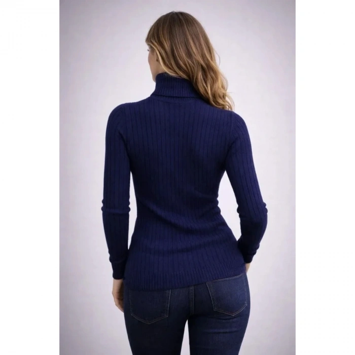 Balıkcı Yaka Bağazlı Triko Kazak Pamuklu Kalın Fitilli Dokuma - Lacivert
