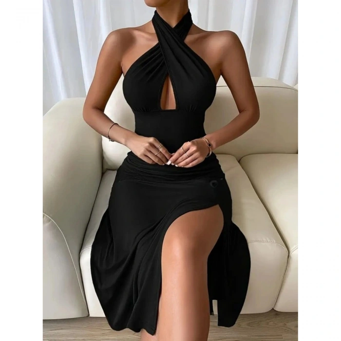 Kadın Sırt Dekolteli Boyun çapraz Yakalı Yırtmaç Detay Midi Sandy Elbise