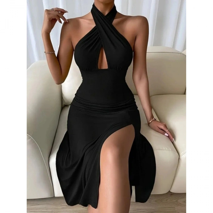 Kadın Sırt Dekolteli Boyun çapraz Yakalı Yırtmaç Detay Midi Sandy Elbise