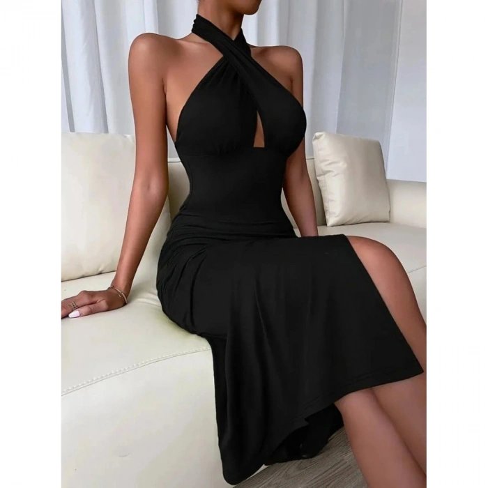 Kadın Sırt Dekolteli Boyun çapraz Yakalı Yırtmaç Detay Midi Sandy Elbise