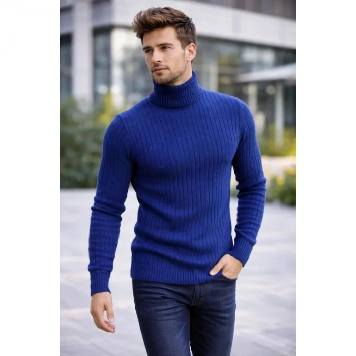 Erkek Balıkcı Yaka Bağazlı Triko Kazak Pamuklu Kalın Fitilli Dokuma, Regular Fit Uzun Kollu Kışlık Model - İndigo