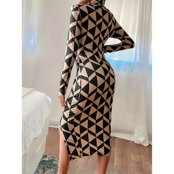 Kadın Uzun Kollu Balıkçı Yaka Yandan Büzgülü Yırtmaçlı Modal Midi Elbise