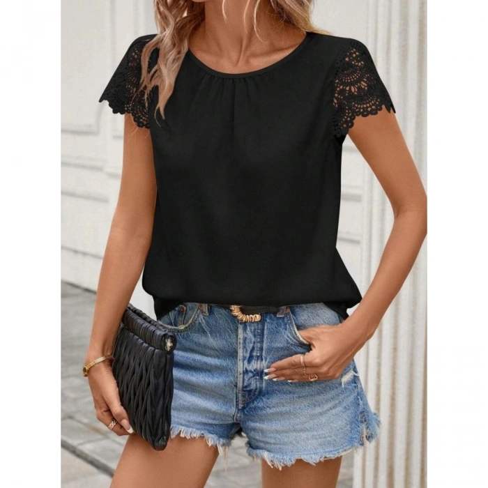 Kadın Kısa Dantel Kollu Bisiklet Yaka Sandy Bluz