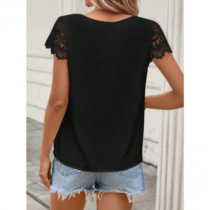 Kadın Kısa Dantel Kollu Bisiklet Yaka Sandy Bluz