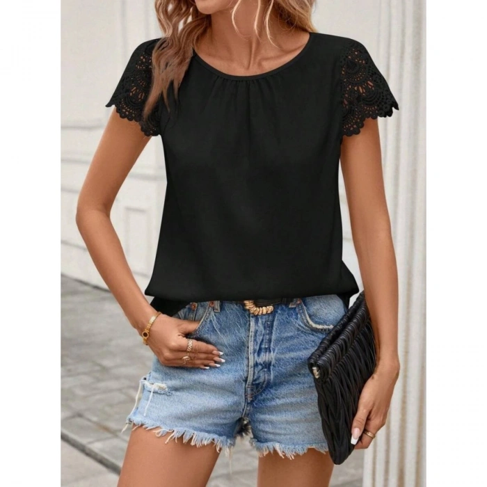 Kadın Kısa Dantel Kollu Bisiklet Yaka Sandy Bluz