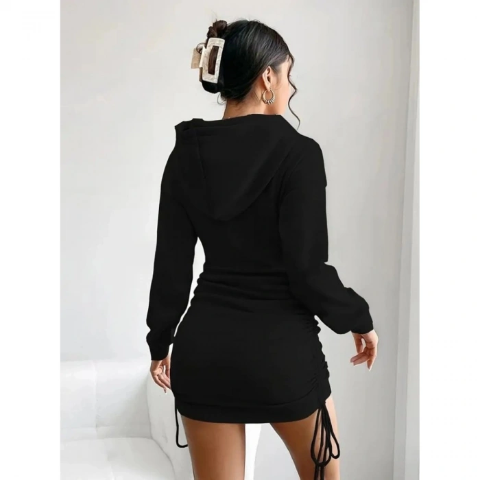 Kadın Uzun Kollu Kapşonlu Yandan Büzgülü Mini Viskon Iki Iplik Elbise