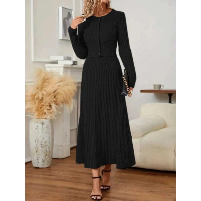 Kadın Uzun Kollu önden Düğmeli Bluz Ve Yüksek Bel A Kesim Uzun Etek şardonlu Kaşkorse Ikili Takım