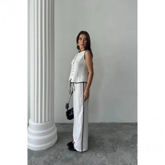 KETEN KENARLARI BİYELİ YELEK - PANTOLON TAKIM - Beyaz