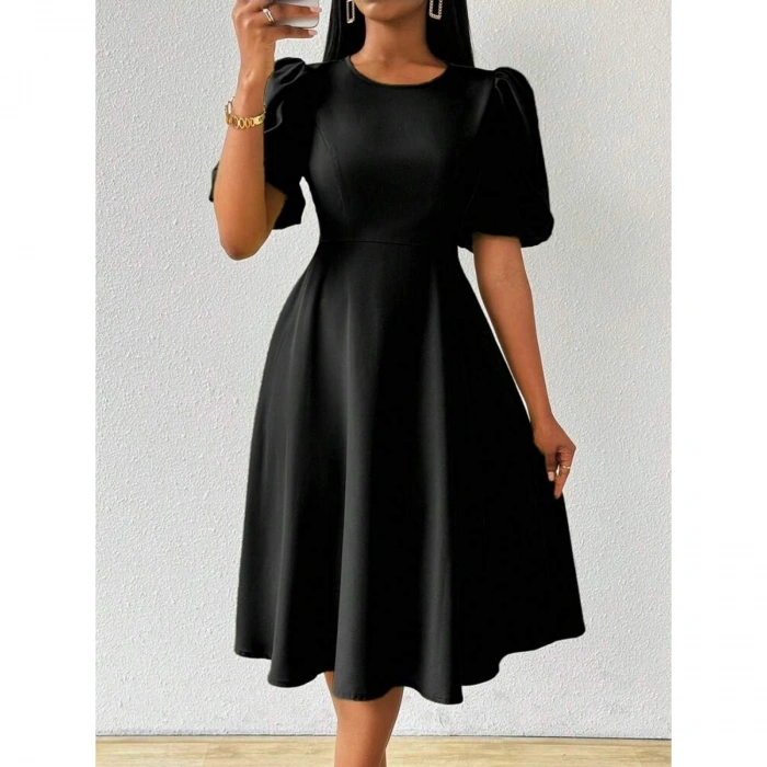 Kadın Kısa Balon Kollu Bisiklet Yaka Kiloş Janjan Krep Elbise