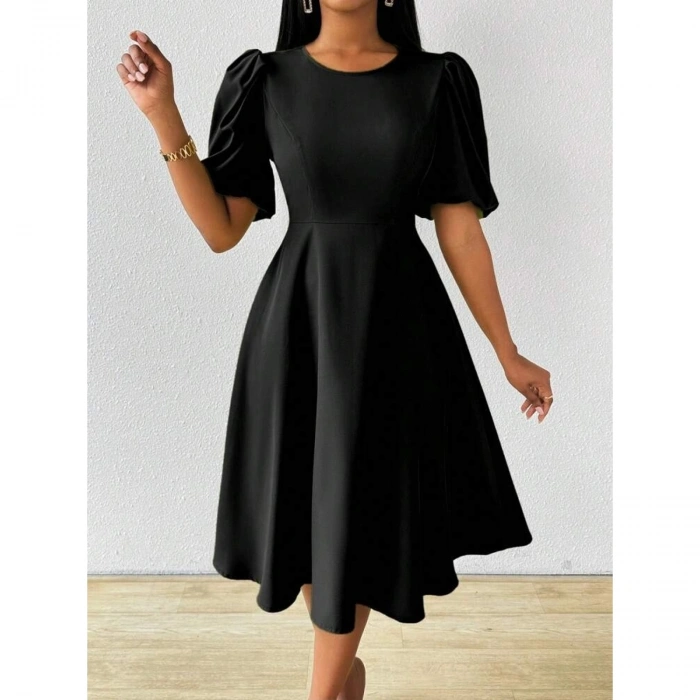 Kadın Kısa Balon Kollu Bisiklet Yaka Kiloş Janjan Krep Elbise