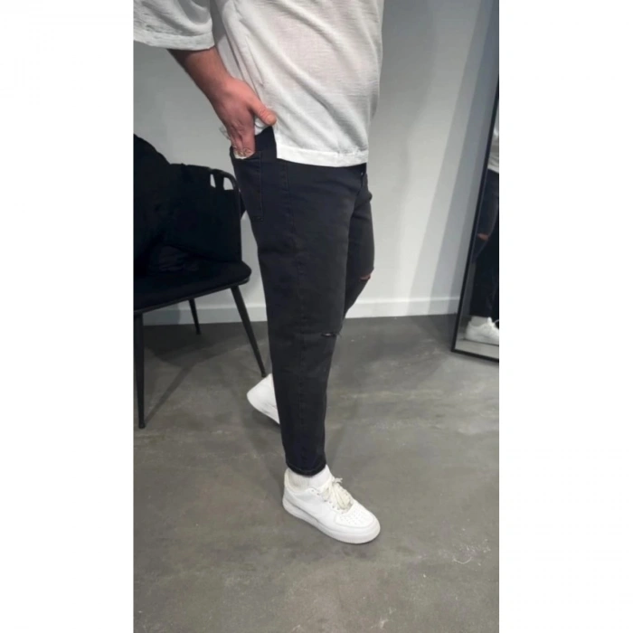 Erkek Siyah Dizi Yırtık Boyfriend Jean