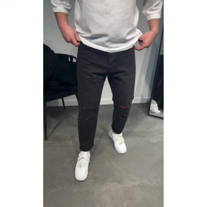 Erkek Siyah Dizi Yırtık Boyfriend Jean