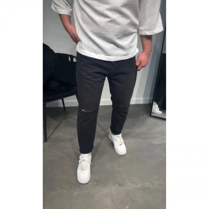 Erkek Siyah Dizi Yırtık Boyfriend Jean