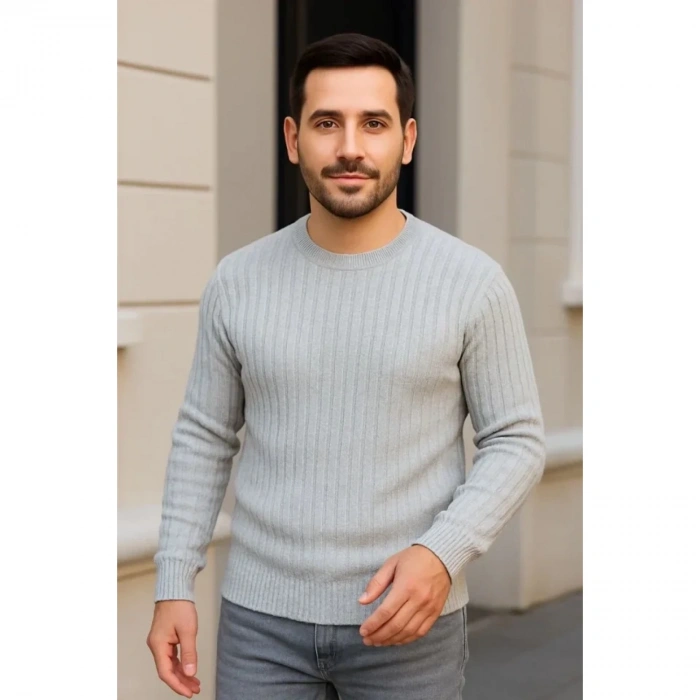 Erkek Fitilli Triko Kazak 3lü Set Gri Haki Siyah Regular Fit Bisiklet Yaka Triko Seti Modeli Kazak