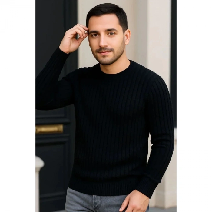 Erkek Fitilli Triko Kazak 3lü Set Gri Haki Siyah Regular Fit Bisiklet Yaka Triko Seti Modeli Kazak