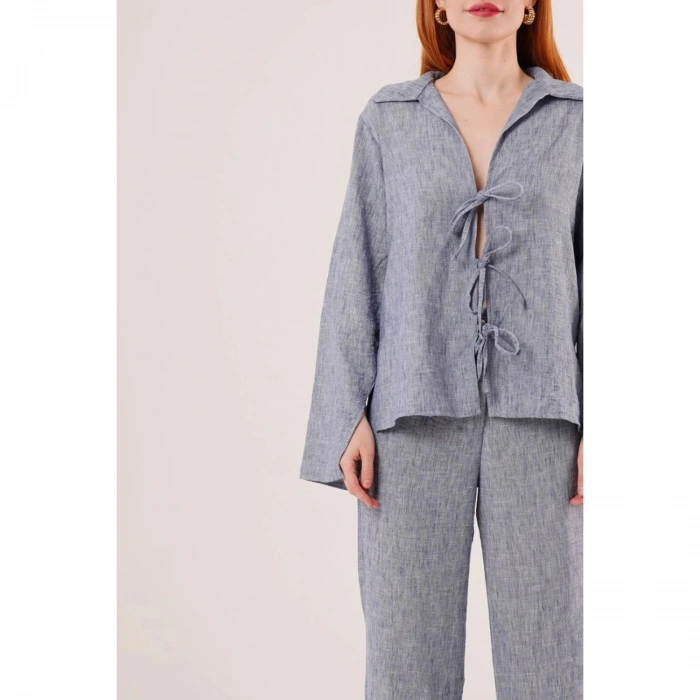 Ön Bağlama Detaylı Pantolon Ve Gömlek İndigo İkili Takım