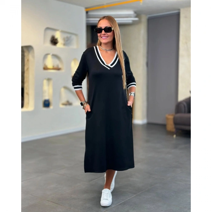 Kadın Uzun Kollu V Ribana Yakalı Yanlardan Yırtmaçlı Midi Viskon Iki Iplik Elbise