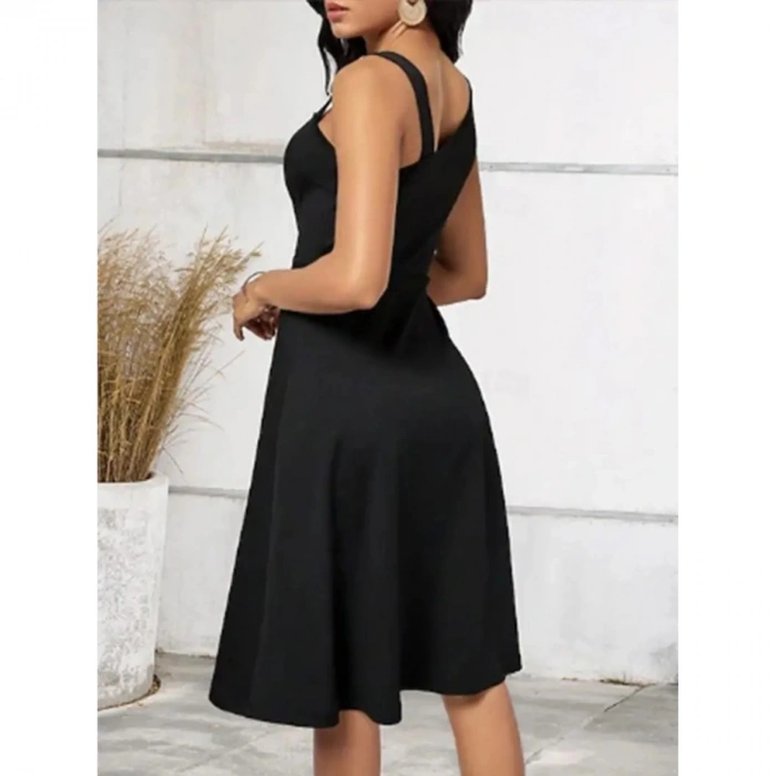 Kadın Tek Omuzu şerit Detaylı Sıfır Kol Yandan Düğme Detaylı Janjan Krep Elbise