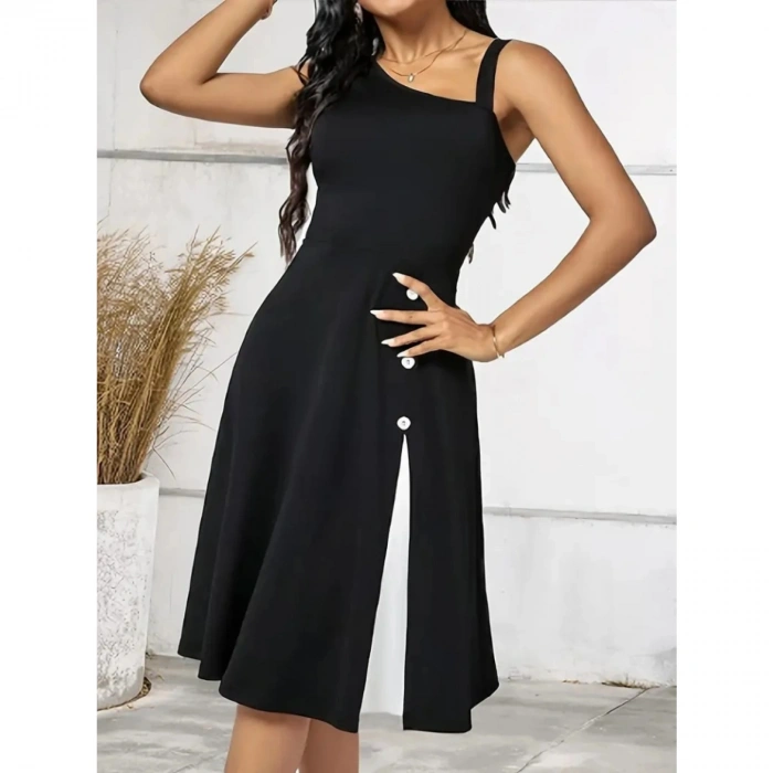 Kadın Tek Omuzu şerit Detaylı Sıfır Kol Yandan Düğme Detaylı Janjan Krep Elbise