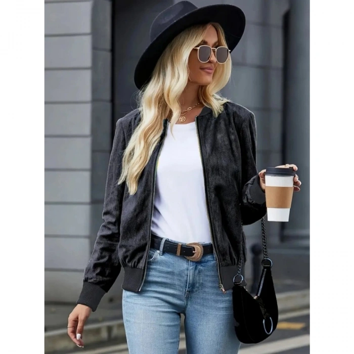 Kadın Uzun Kollu önden Fermuarlı Süet Ceket
