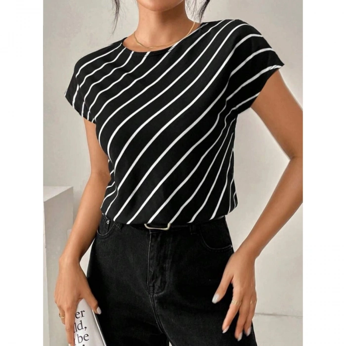 Kadın Kısa Yarasa Kollu Bisiklet Yaka çizgi Desenli Atlas Bluz