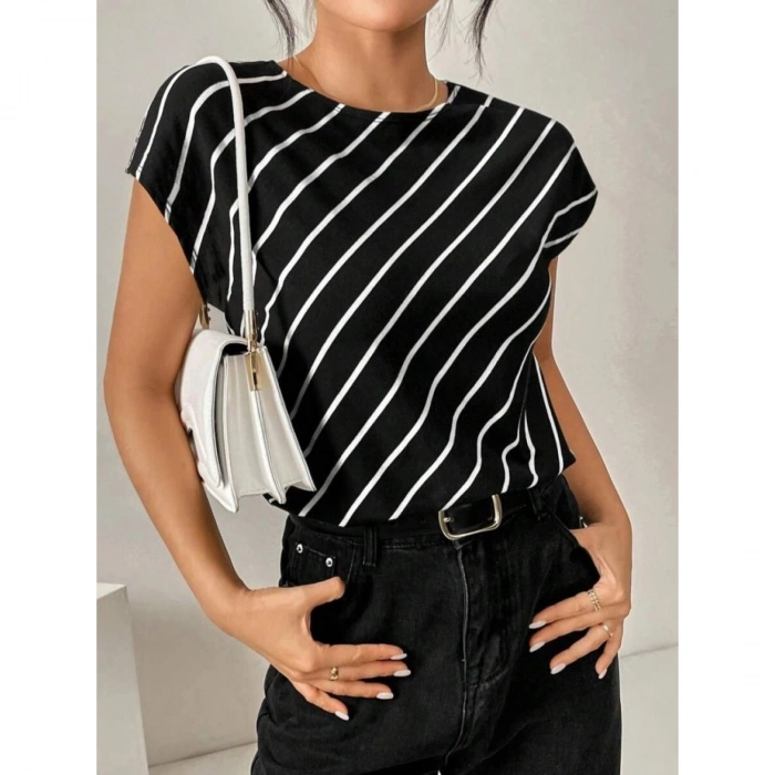 Kadın Kısa Yarasa Kollu Bisiklet Yaka çizgi Desenli Atlas Bluz