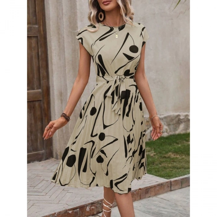 Kadın Kısa Yarasa Kollu Yuvarlak Yaka Beli Büzgülü Süprem Elbise