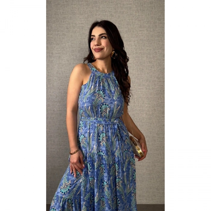 Kadın Omuzlardan Açık Boyundan Geçmeli Desenli Süprem Bluz