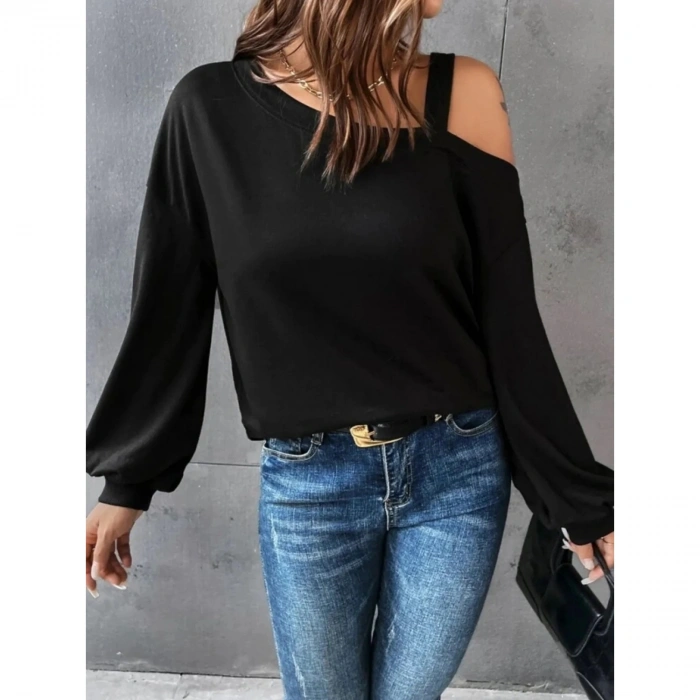 Kadın Uzun Kollu Tek Omuz Askı Detay Salaş Viskon Iki Iplik Bluz