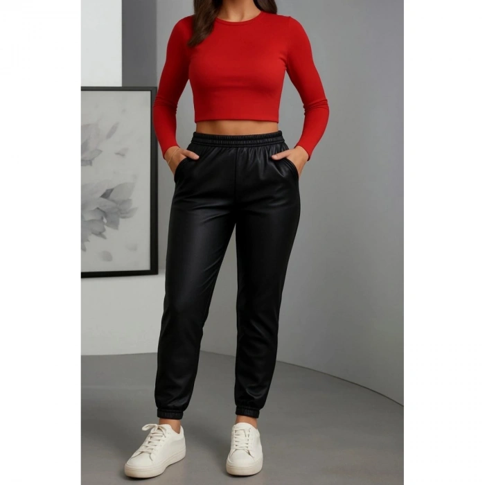 Kadın Paçası Lastikli Cep Detaylı Deri Tayt