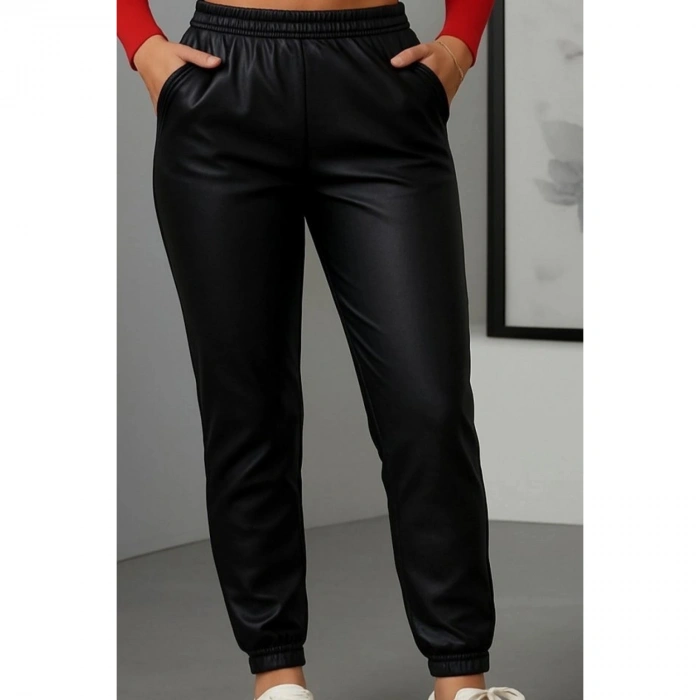 Kadın Paçası Lastikli Cep Detaylı Deri Tayt