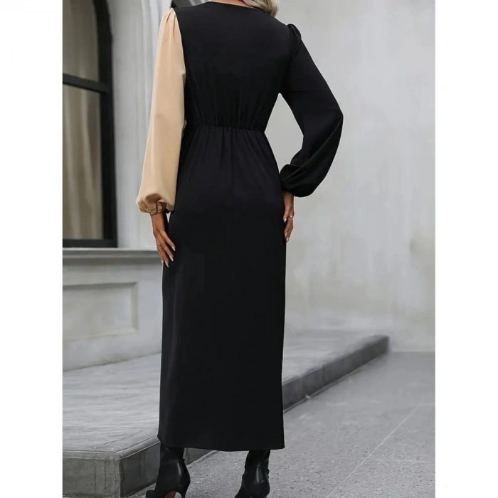 Kadın Uzun Kollu Kruvaze Yakalı Belden çapraz Detaylı çift Renkli Midi Ithal Krep Elbise