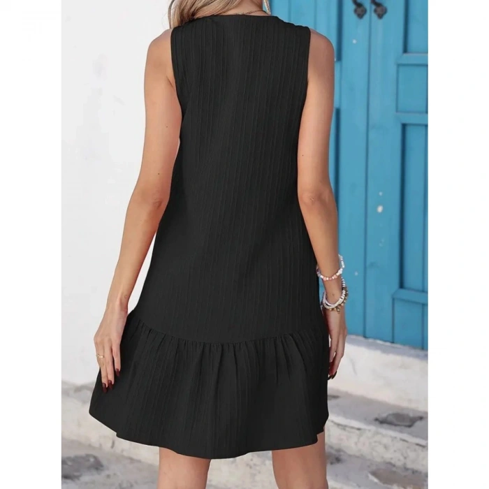 Kadın Kolsuz V Yakalı önden Düğmeli Fırfırlı Narin Elbise