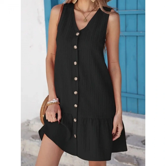 Kadın Kolsuz V Yakalı önden Düğmeli Fırfırlı Narin Elbise