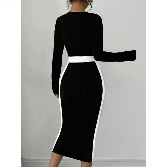 Kadın Uzun Kollu Geometrik Yaka Midi Ithal Krep Elbise