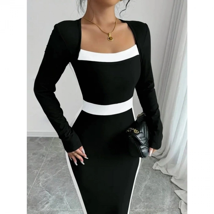 Kadın Uzun Kollu Geometrik Yaka Midi Ithal Krep Elbise