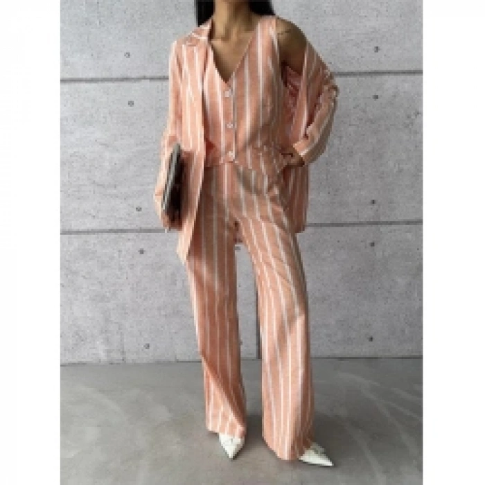 ÇİZGİLİ CEKET KETEN - Orange