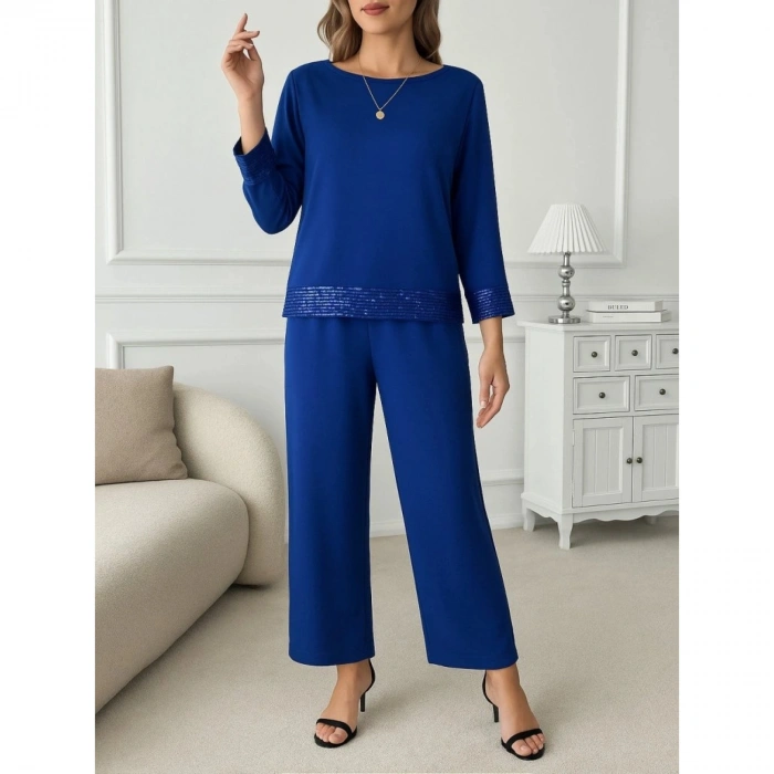 Kadın Uzun Kollu Bisiklet Yaka Pulpayetli Viskon Iki Iplik Bluz Ve Pantolon Ikili Takım