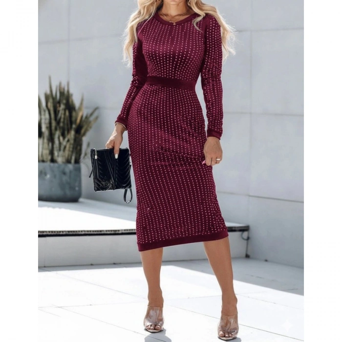 Kadın Uzun Kollu Bisiklet Yaka Taşlı Midi Kadife Elbise