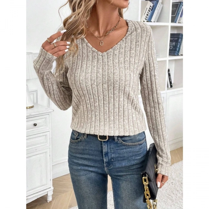 Kadın Uzun Kollu V Yakalı Arkadan Dantel Detaylı şardonlu Kaşkorse Bluz