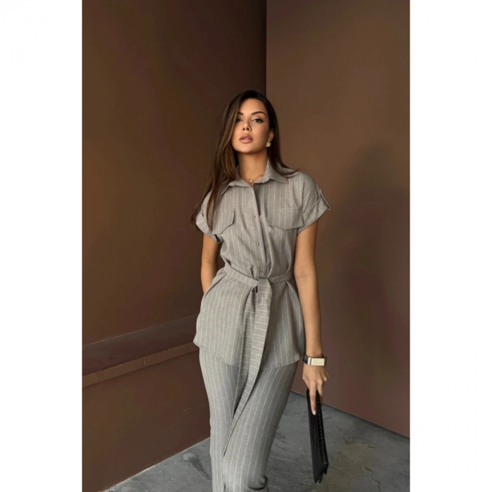 ÇİZGİLİ POLYVİSKON BLUZ - PANTOLON TAKIM - Gri