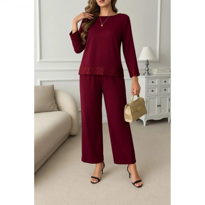 Kadın Uzun Kollu Bisiklet Yaka Pulpayetli Viskon Iki Iplik Bluz Ve Pantolon Ikili Takım